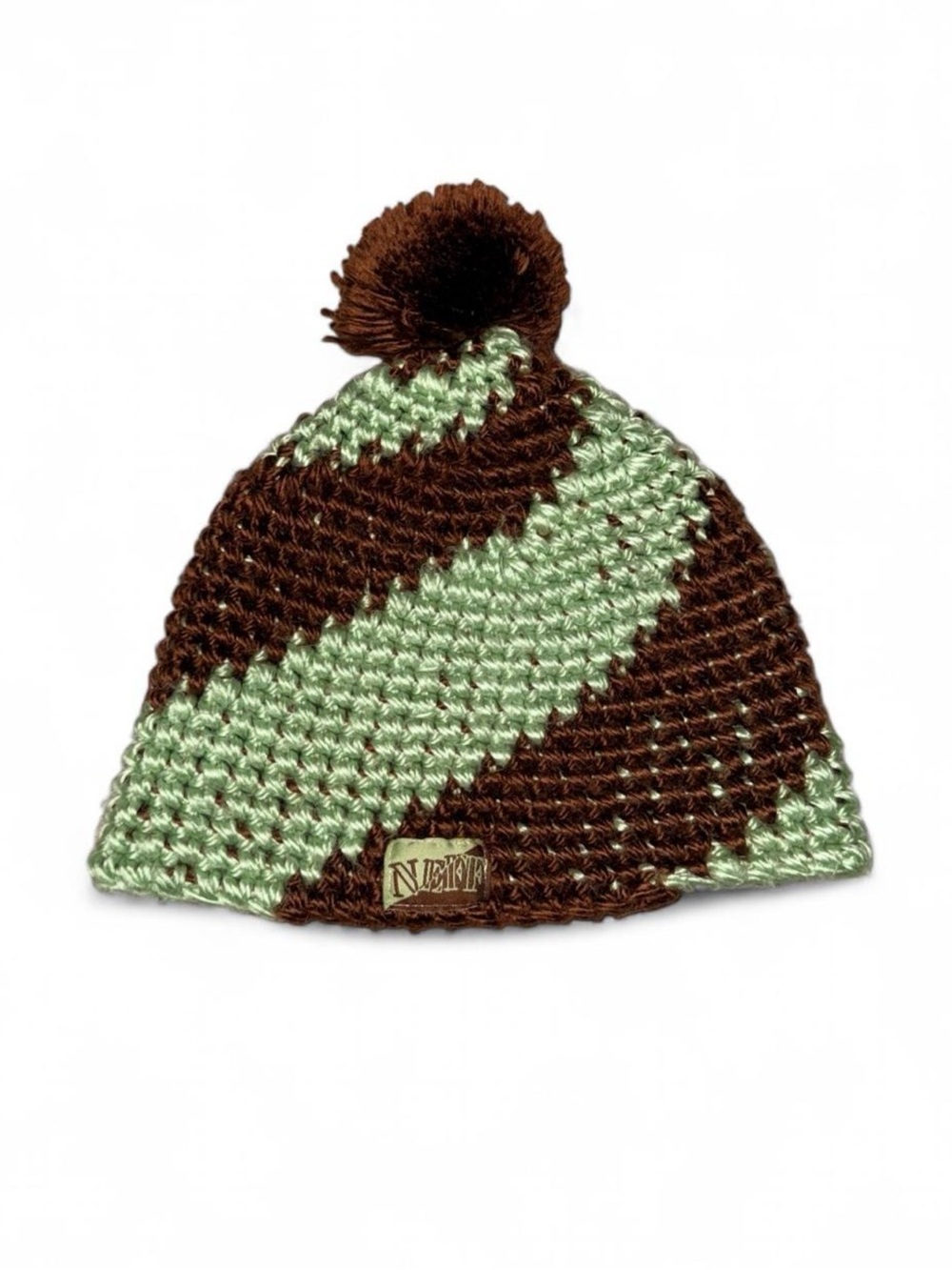 VTG Neff Crochet Stripe Pom Beanie Brown Green
